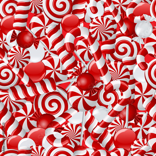 Seamless background with red and white candies. 