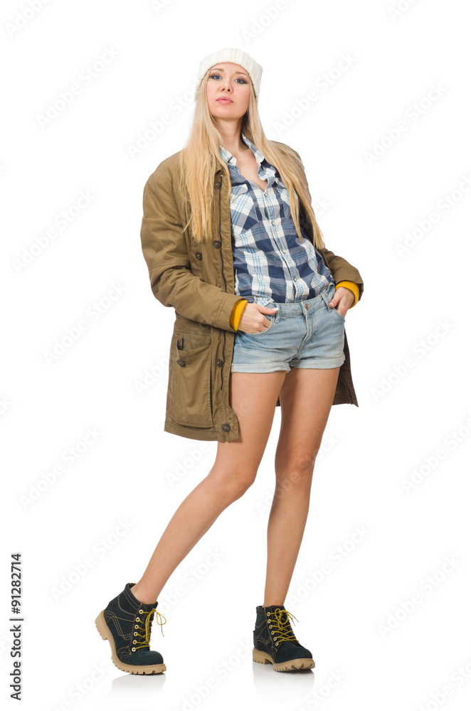 Pretty woman in jeans shorts isolated on white Pretty woman in jeans shorts isolated on white