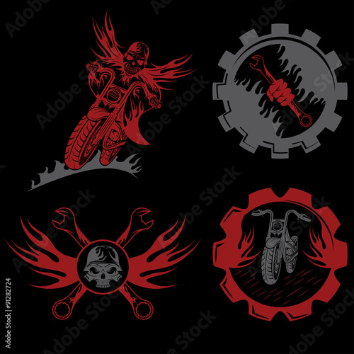 set of bikers theme emblems with skull,flames and wrenches