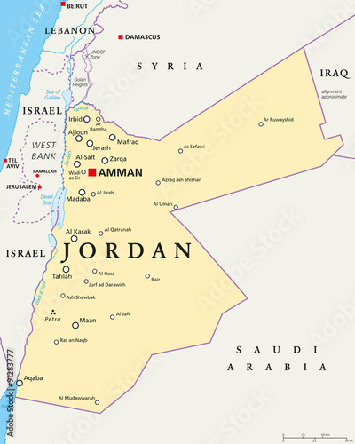 Jordan political map with capital Amman, national borders, important cities, rivers and lakes. English labeling and scaling. Illustration.
