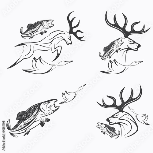 Set of vintage hunting and fishing labels and design elements