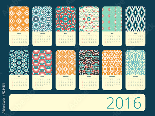 Calendar 12 months.  Geometric vintage pattern.