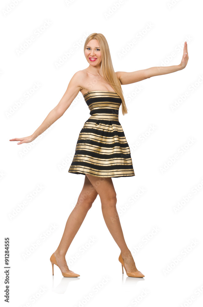 Beautiful girl in gold and black dress isolated on white Beautiful girl in gold and black dress isolated on white