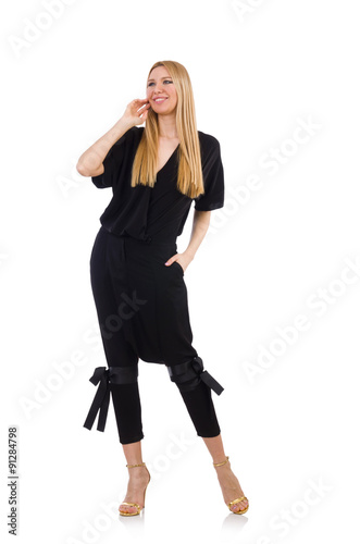 Pretty young woman in black clothing isolated on white