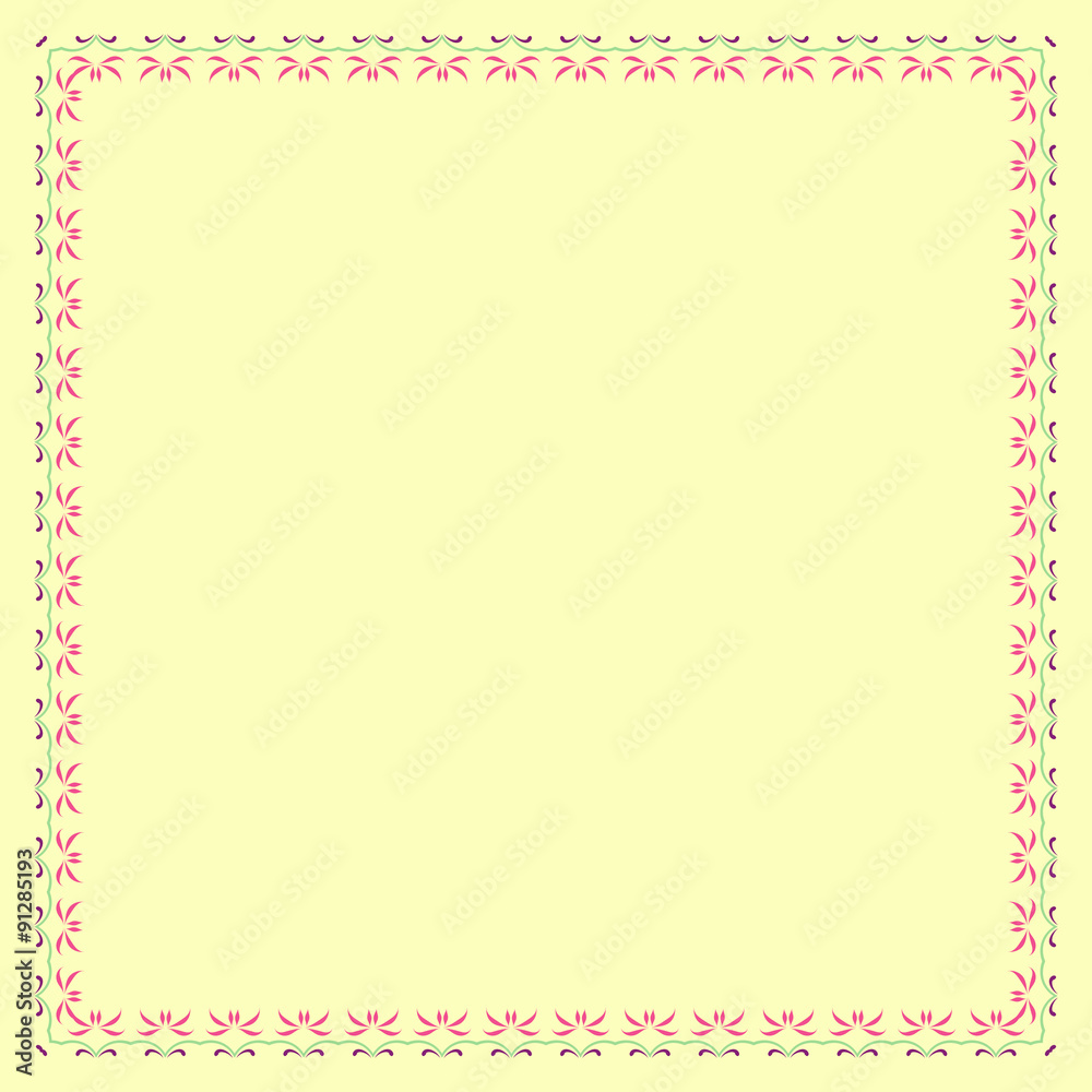 Floral colored frame with pink, green and purple elements and over the yellow background