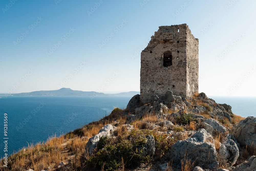 Ruined stone tower in Peloponnese, Greece