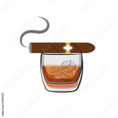 Whiskey with ice cubes and cigar