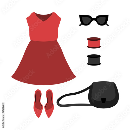 Set of trendy women's clothes with black skirt, red top and accessories. Vector illustration