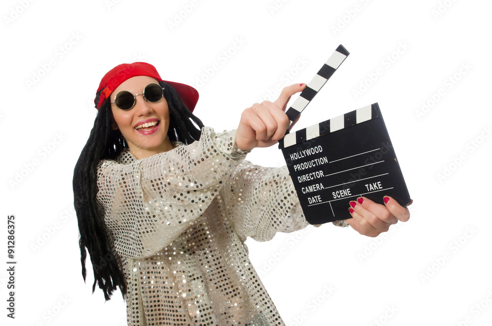 Girl with dreadlocks holding clapperboard isolated on white Girl with dreadlocks holding clapperboard isolated on white