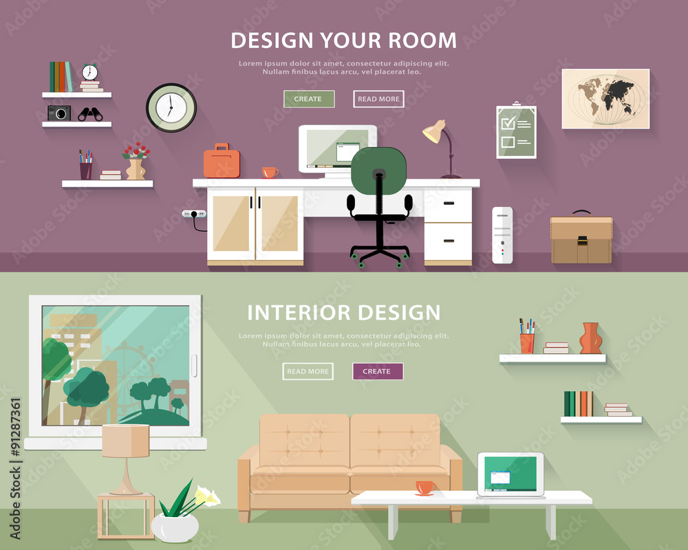 Flat style concept set of interior design room types. Web banner vector illustration Flat style concept set of interior design room types. Web banner vector illustration