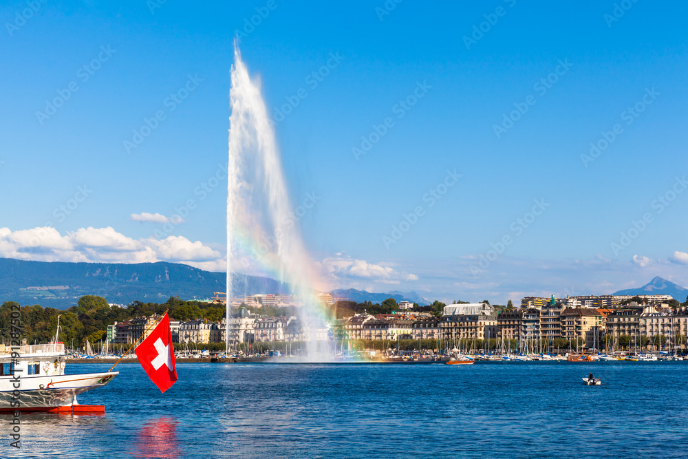 Water jet fountain with rainbow in Geneva - obrazy, fototapety, plakaty 
