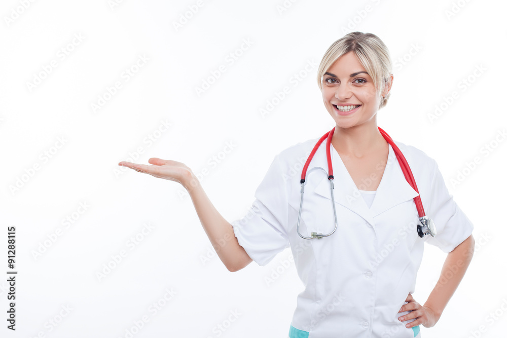 Cheerful young general practitioner is presenting her job Cheerful young general practitioner is presenting her job