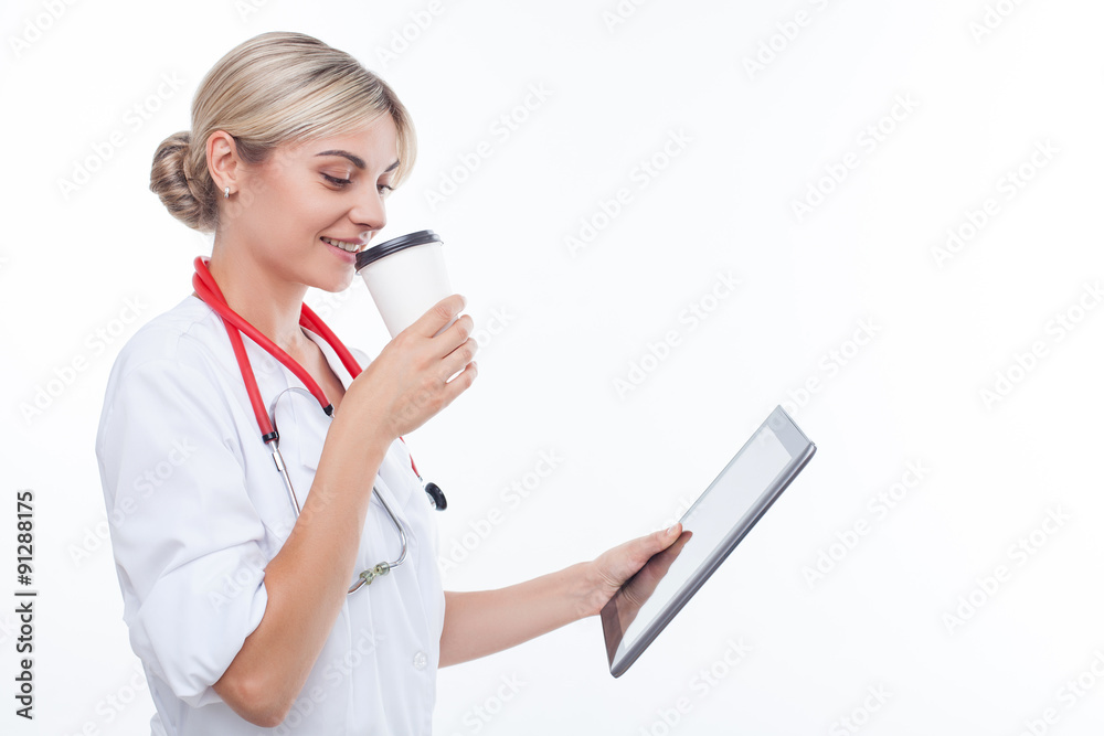 Cheerful young female doctor is resting on break Cheerful young female doctor is resting on break