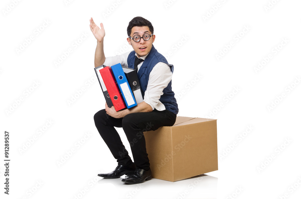 Young employee sitting on the box isolated on white