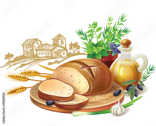 Rustic bread and wheat ears against country landscape