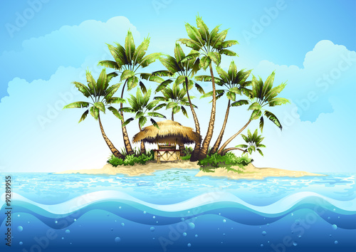 Tropical bungalow bar on island in ocean