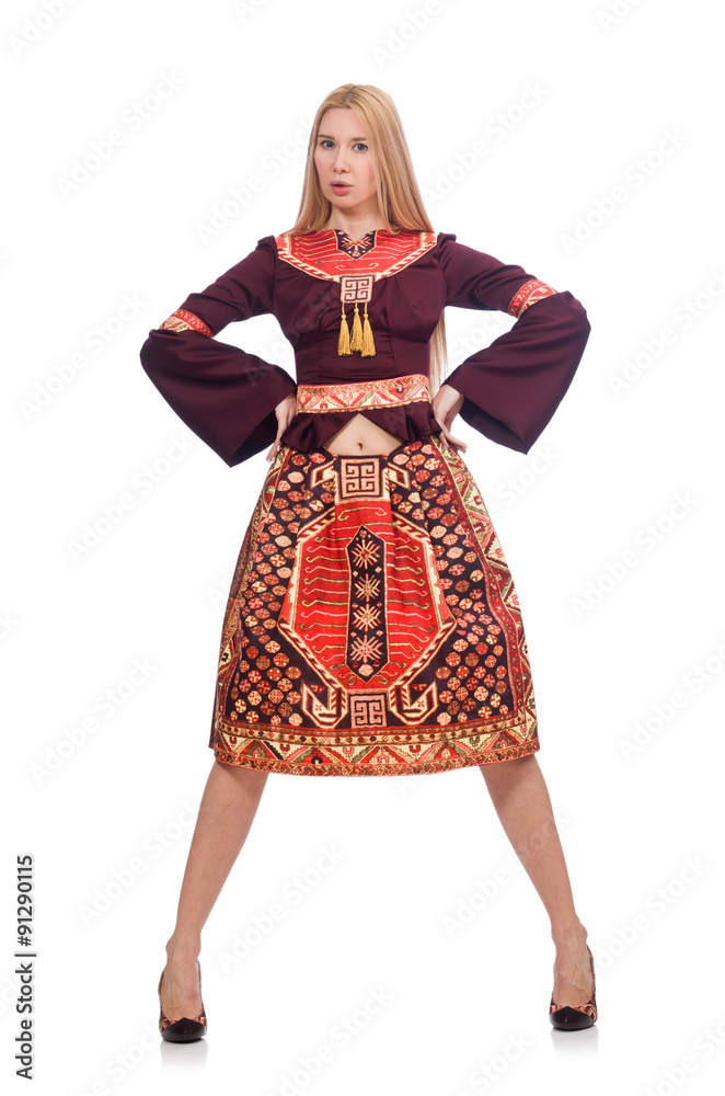 Woman in dress with oriental prints isolated on white Woman in dress with oriental prints isolated on white