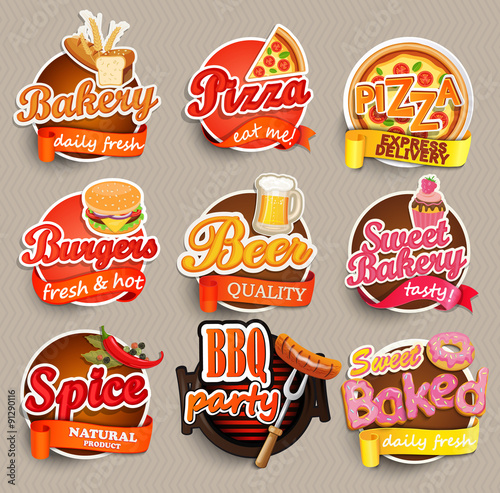 Food and drink elements, Typographical Design Label or Sticker - burgers, pizza, beer, bakery, BBQ, sweet baked, spice - Design Template. Vector illustration.