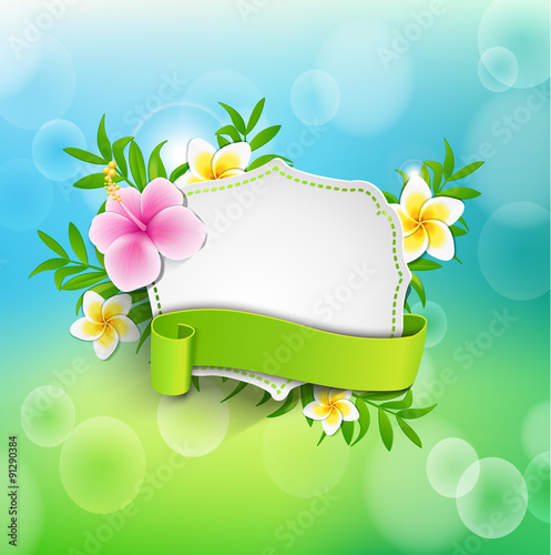 Vintage frame with ribbon and place for the text with tropical flowers and leaves on a natural bokeh background, vector illustration.