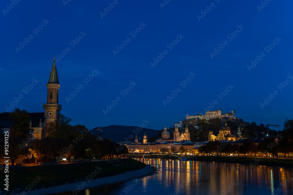 Twilight view of Salzburg old town, Austria