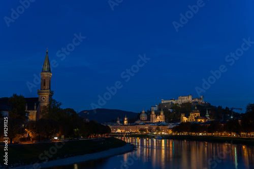 Twilight view of Salzburg old town, Austria