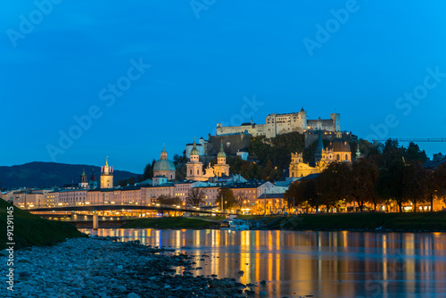 Twilight view of Salzburg old town, Austria