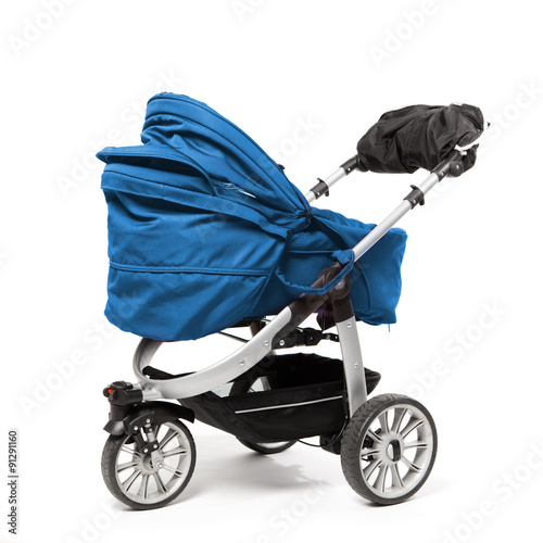 blue baby stroller isolated on white photo