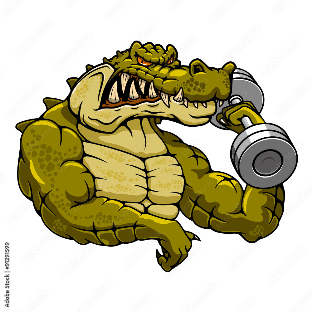 Fototapeta premium Cartoon crocodile mascot with dumbbell