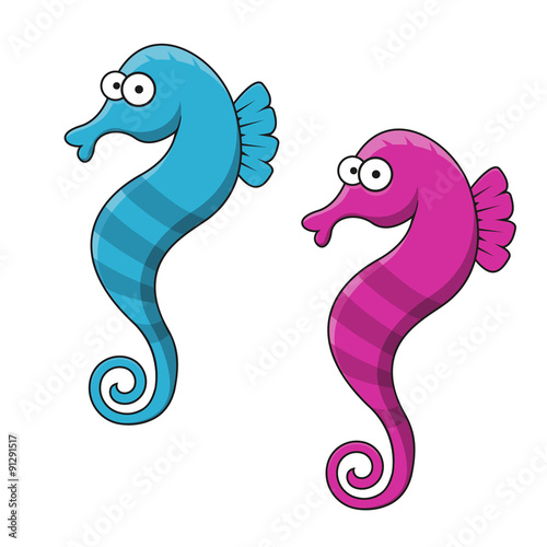 Cartoon striped blue and pink seahorse fishes