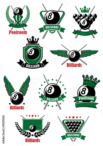 Billiards game icons with sport items