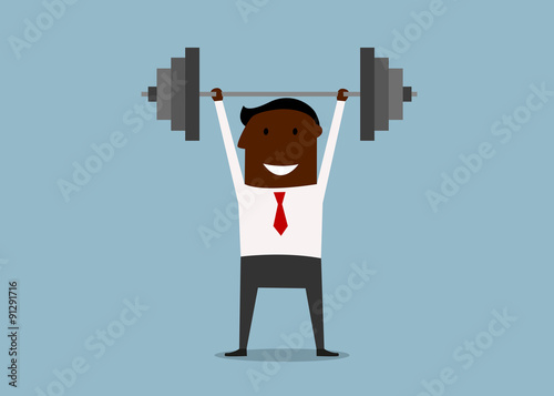 Strong businessman lifting heavy barbell