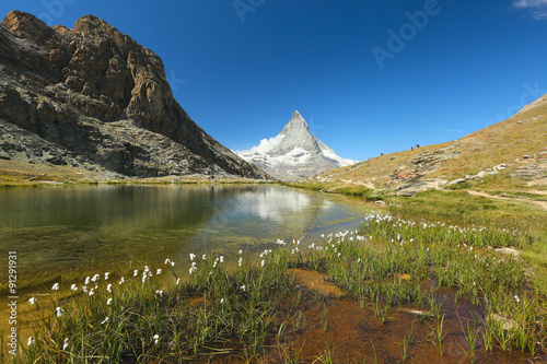 View of the lake Riffelsee and Matterhorn  Zermatt  Switzerland 