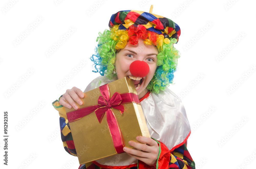 Clown with giftbox isolated on white Clown with giftbox isolated on white