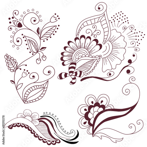 Collection abstract floral elements  in mehndi style. Design element for greeting card,  invitation