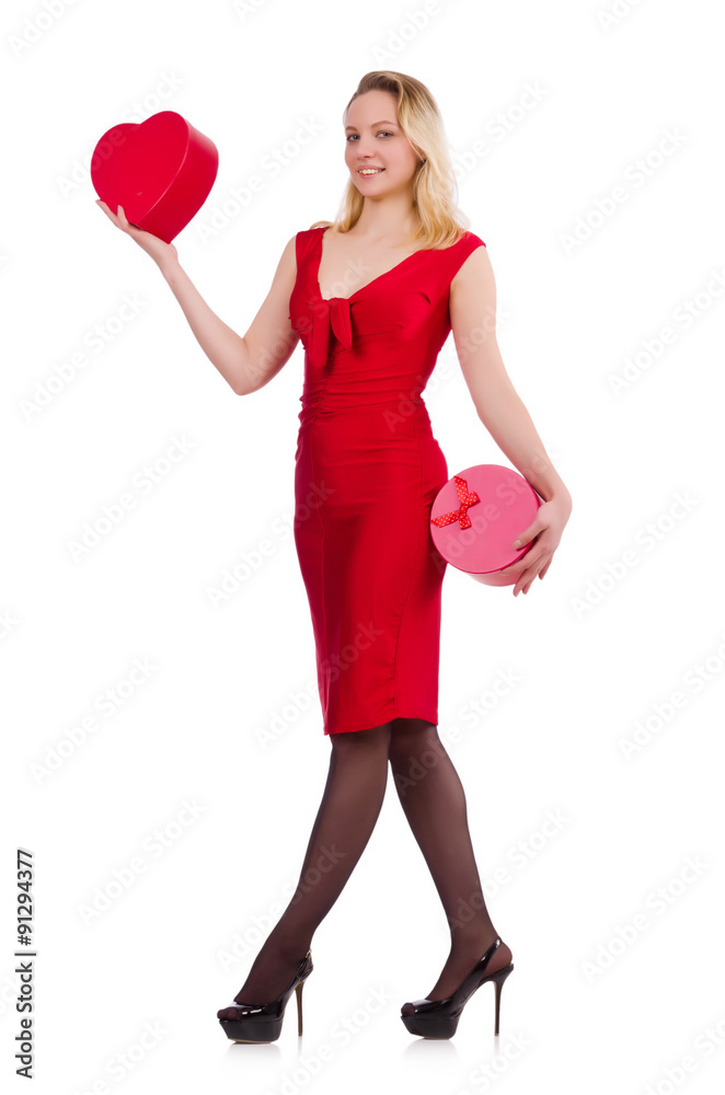 Smiling woman in red dress isolated on white Smiling woman in red dress isolated on white