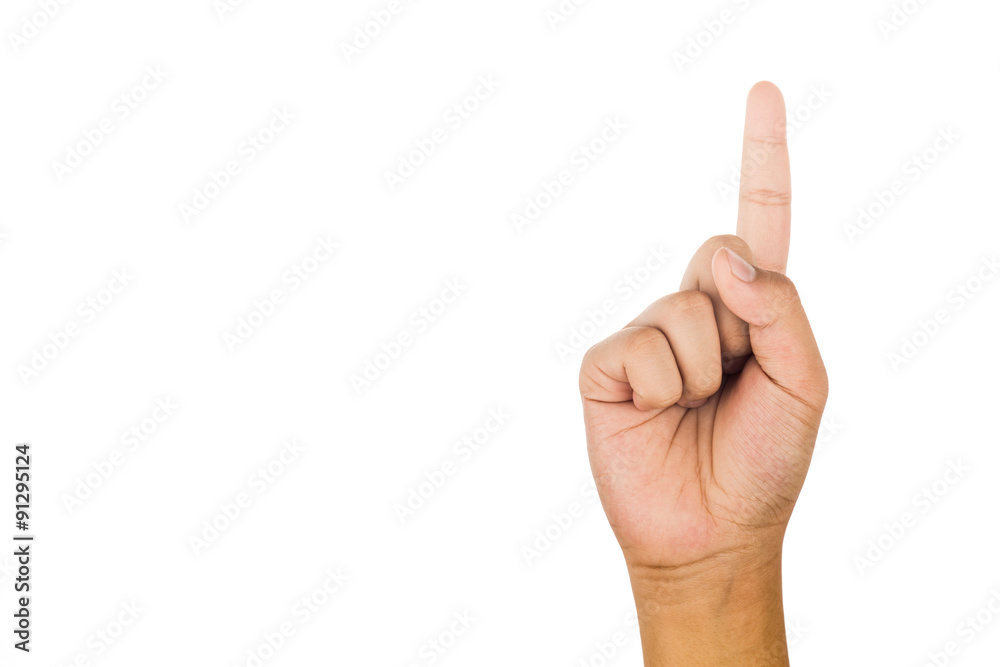 Hand gesturing number one against white background.
