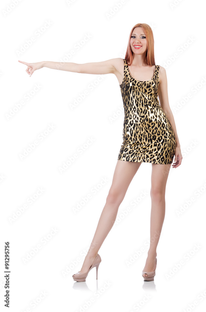Beautiful woman in leopard dress isolated on white