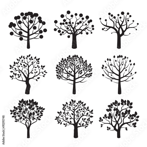 Set of black vector tree icons