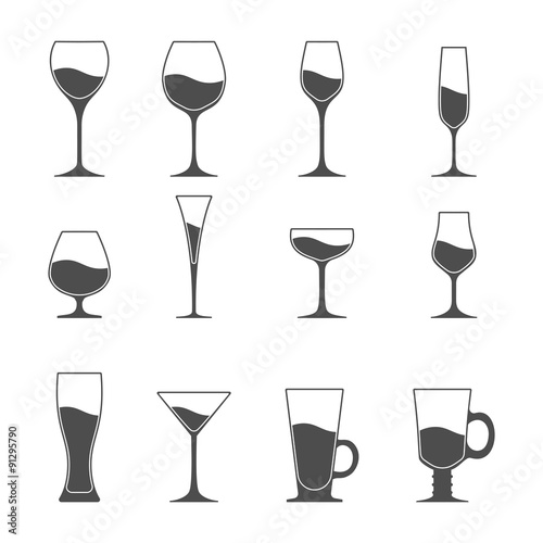 Vector icon set of utensil. Wine beer martini whiskey brandy glasses.