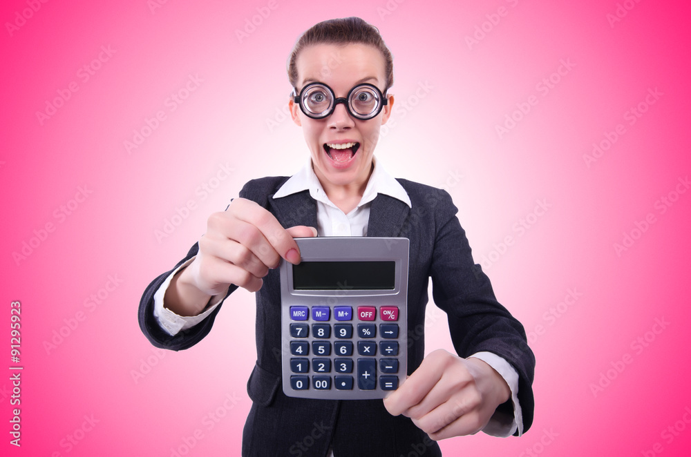 Nerd female accountant with calculator Nerd female accountant with calculator