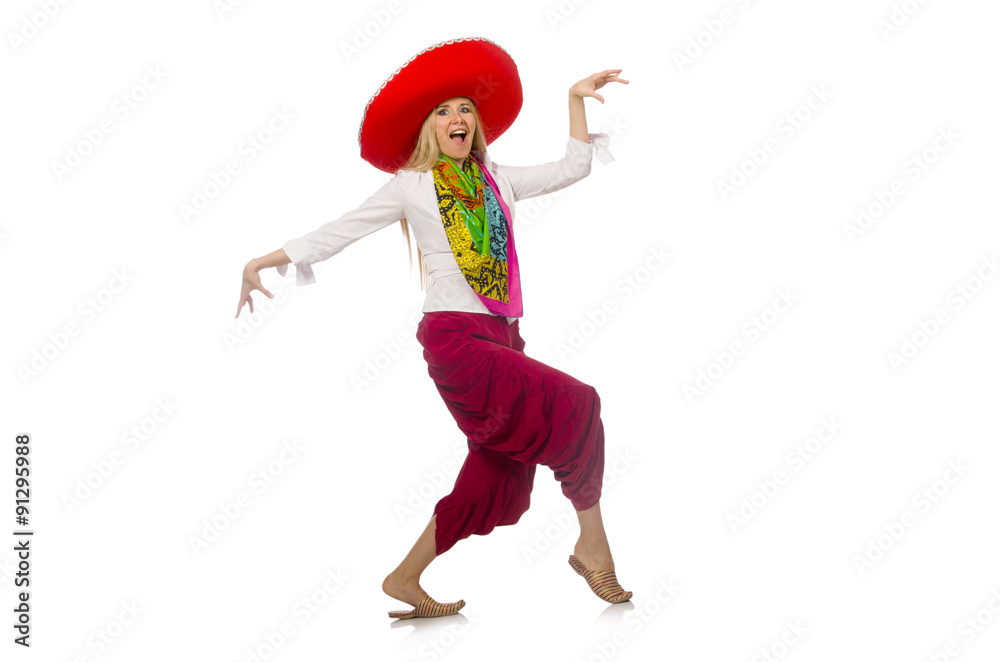 Mexican girl with sombrero dancing on white