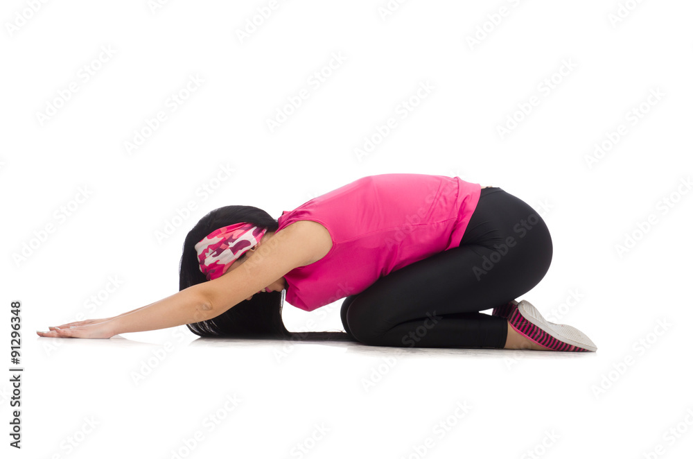 Woman doing exercises on white