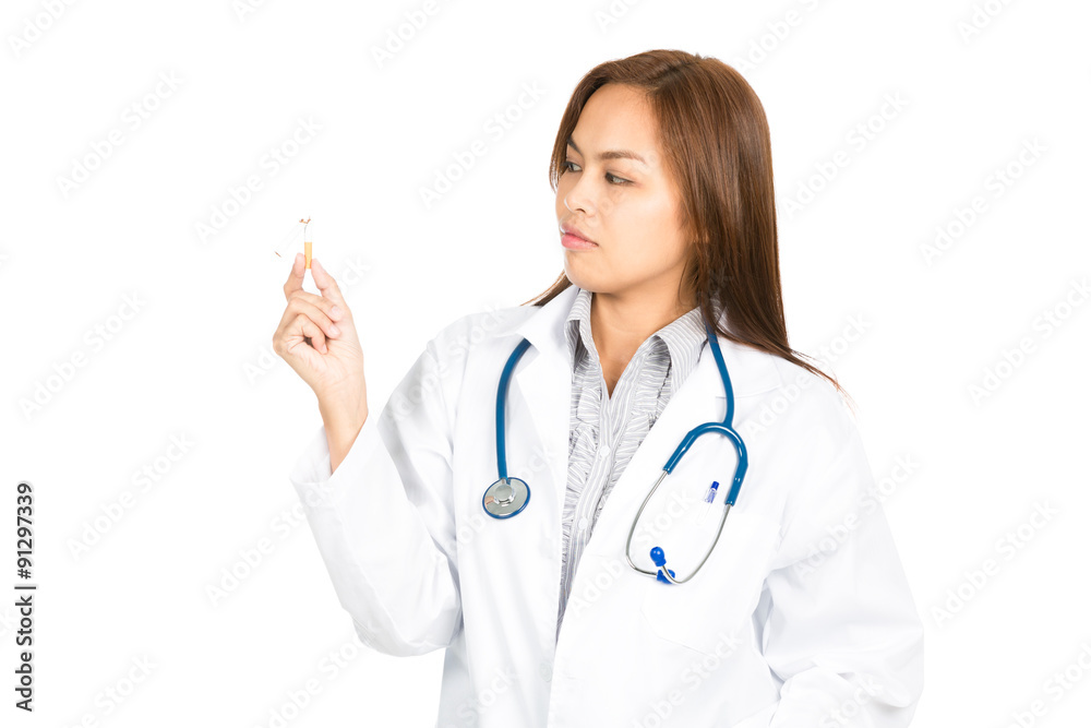 Asian Female Doctor Broken Cigarette To Side Away Asian Female Doctor Broken Cigarette To Side Away