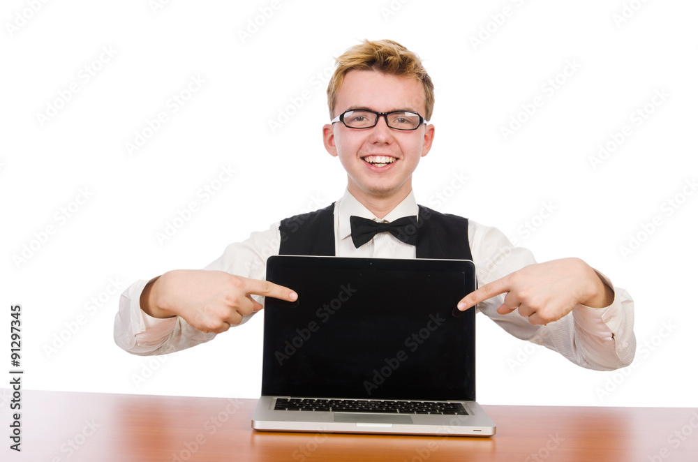 Smart student sitting with laptop isolated on white Smart student sitting with laptop isolated on white