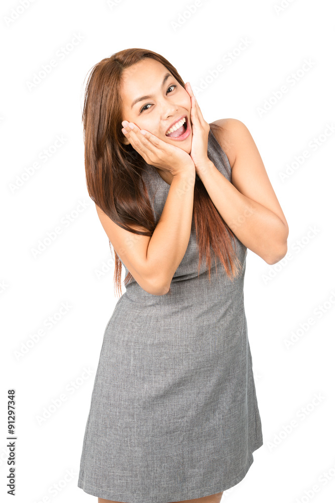 Eurphoric Asian Woman Reacting Happy News Half Eurphoric Asian Woman Reacting Happy News Half