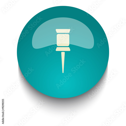Pushpin vector icon on blue green glossy glass button on white b