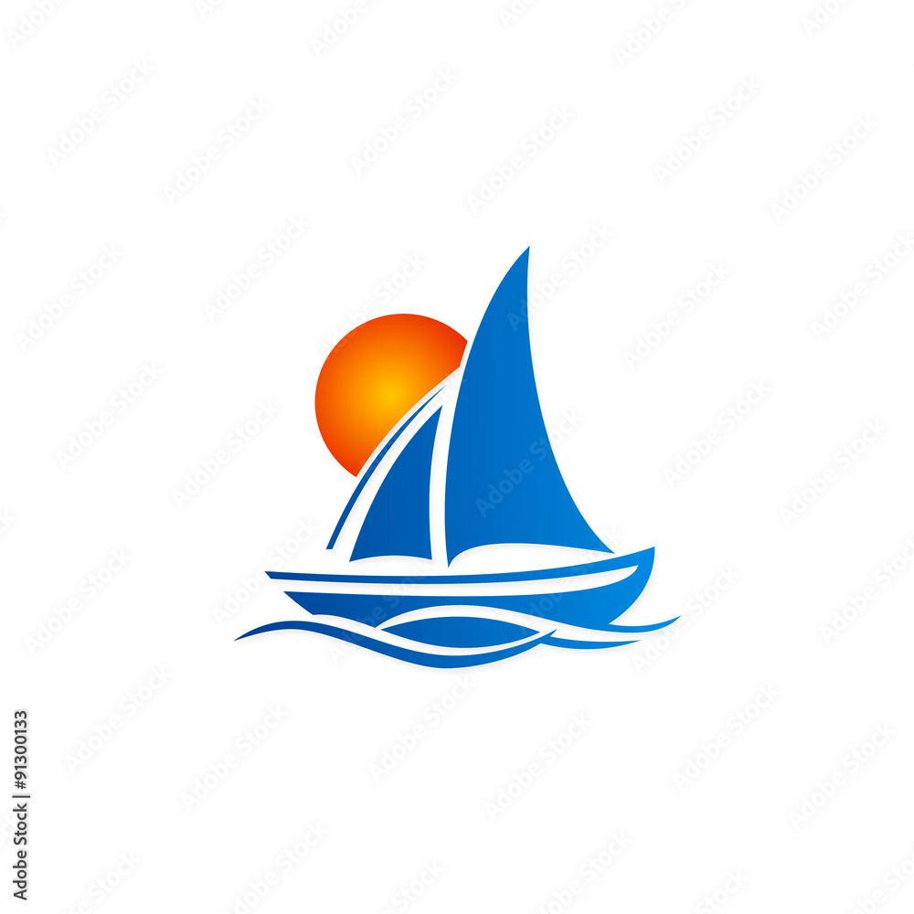 sunset boat sail ocean travel holiday logo