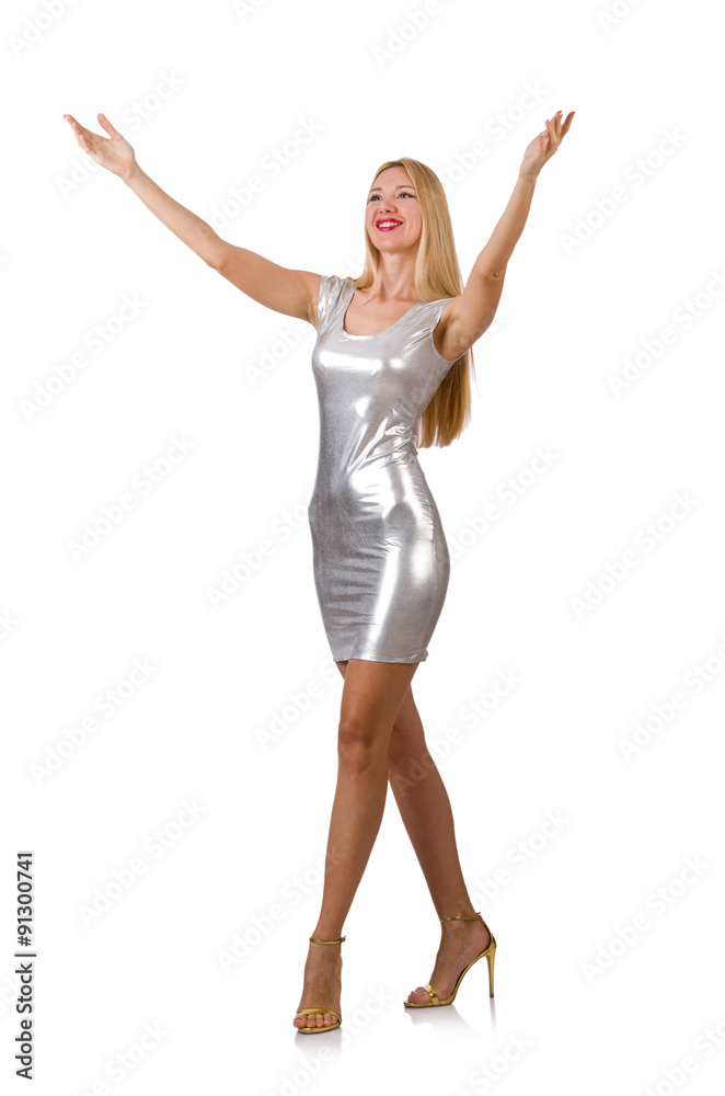 Young woman in silver dress isolated on white Young woman in silver dress isolated on white