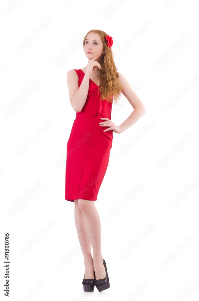 Young woman in red dress isolated on white Young woman in red dress isolated on white