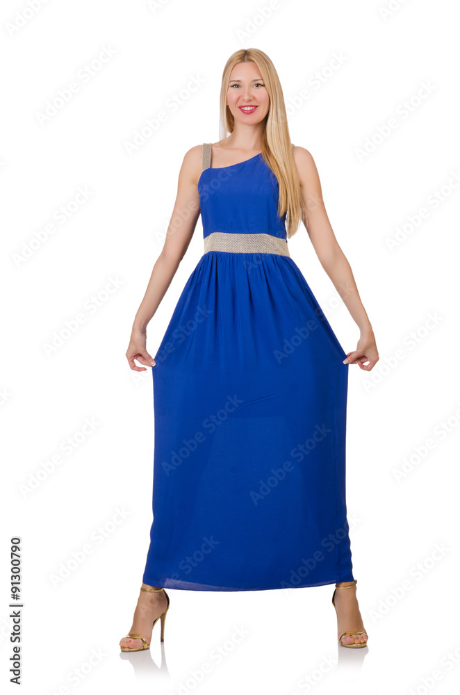 Beautiful woman in long blue dress isolated on white